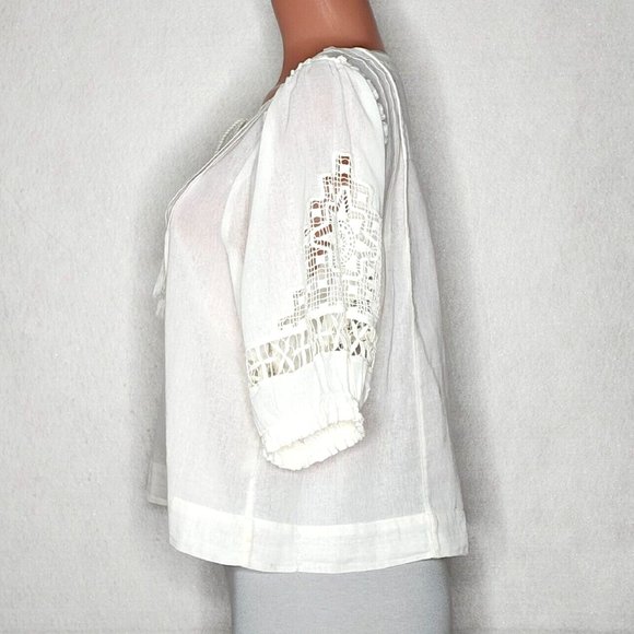 Free People White Button Up Blouse Top Lace Half Sleeves Tie Neck Crochet - Picture 3 of 7